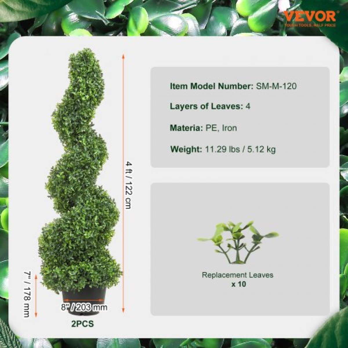 VEVOR Artificial Topiaries Πυξάρι, 121,9 cm ύψος (2 τεμάχια) Faux Topiary Plant Outdoor, All-year Green Feaux Plant με Αντικαταστάσιμα φύλλα για Διακοσμητικά Εσωτερικά/Εξωτερικά/Κήπου