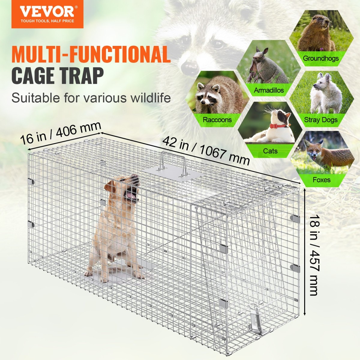 VEVOR Live Animal Cage Trap 106,7 x 40,6 x 45,7 cm Humane Cat Trap Cats Squirrels Mouse