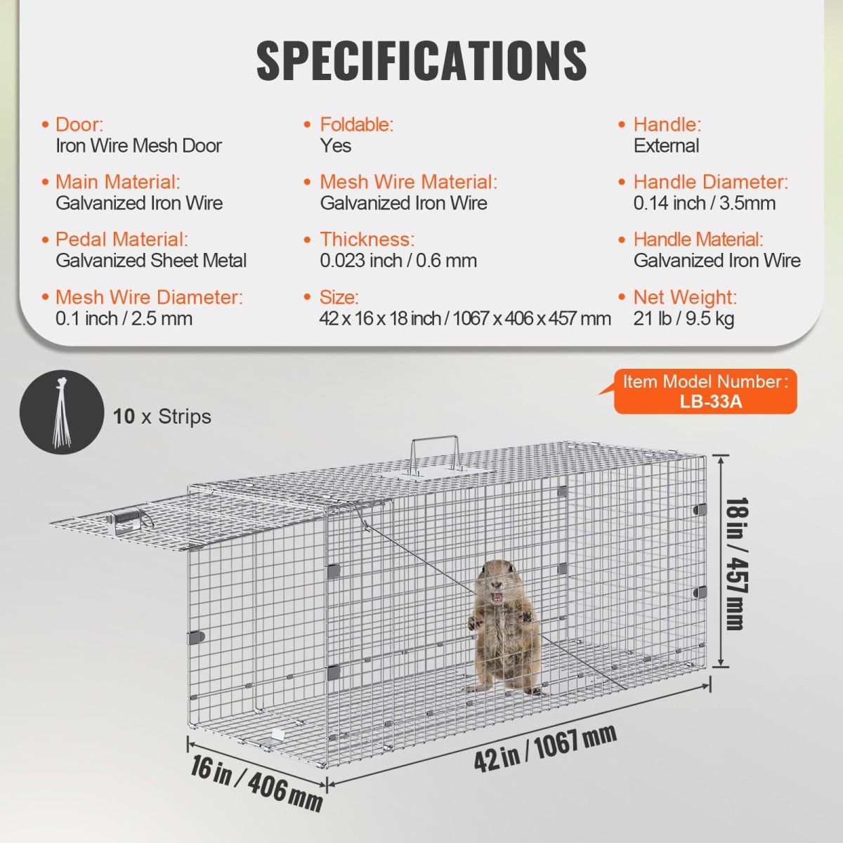 VEVOR Live Animal Cage Trap 106,7 x 40,6 x 45,7 cm Humane Cat Trap Cats Squirrels Mouse