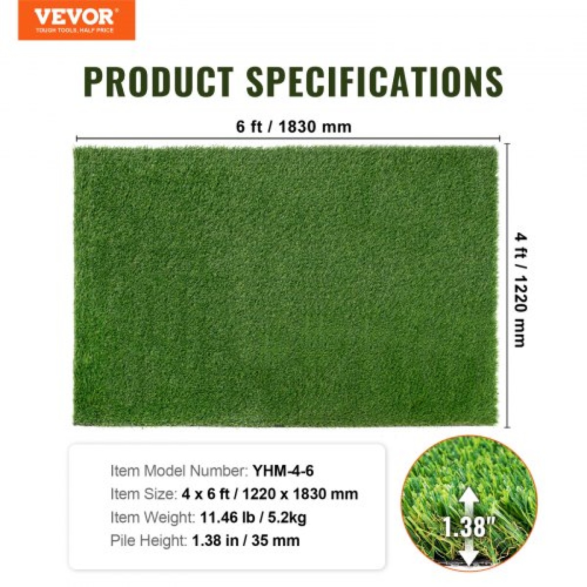 VEVOR Τεχνητό γρασίδι, 1,2 x 1,8 m Χαλί πράσινο χλοοτάπητα, 35 χιλιοστά ψεύτικο χαλάκι πόρτας Διακόσμηση γκαζόν εξωτερικού χώρου, εύκολο να καθαριστεί με οπές αποστράγγισης, ιδανικό για πατάκια ξύστρα για σκύλους εσωτερικού χώρου εισόδου πολλαπλών χρήσεων