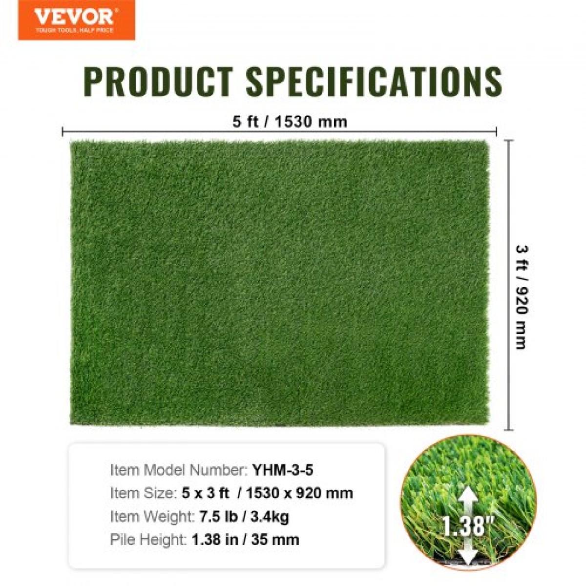 VEVOR Τεχνητό γρασίδι, 0,9 x 1,5 m Rug Green Turf, 35mm ψεύτικο χαλάκι πόρτας Διακόσμηση γκαζόν εξωτερικού χώρου, εύκολο να καθαριστεί με οπές αποστράγγισης, ιδανικό για πατάκια ξύστρα για σκύλους εσωτερικού χώρου εισόδου πολλαπλών χρήσεων