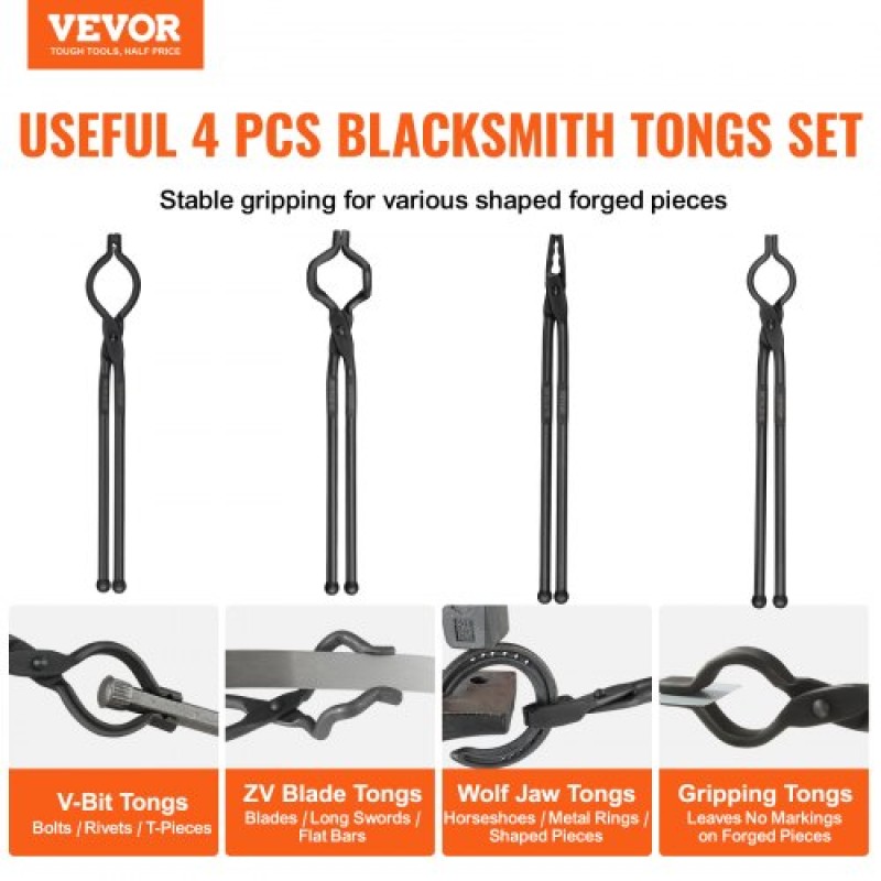 Λαβίδες VEVOR Blacksmith, 45,7 cm 4 ΤΕΜ., λαβίδες V-Bit Bolt, Wolf Jaw Tongs, Z V-Bit Tongs and Gripping Tongs, Carbon Steel Forge Tongs με ατσάλινα πριτσίνια, για αρχάριους και έμπειρους σιδηρουργούς, λεπίδες