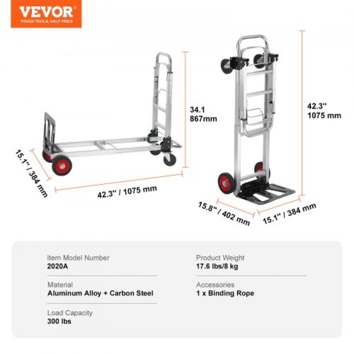 Φορτηγό αλουμινίου VEVOR, 2 σε 1, χωρητικότητα 181,4 kg, βαρέως τύπου βιομηχανικό αναδιπλούμενο αναδιπλούμενο φορτηγό χειρός και κούκλα, καροτσάκι χρησιμότητας Μετατρέπει από φορτηγό σε καρότσι πλατφόρμας με ελαστικούς τροχούς