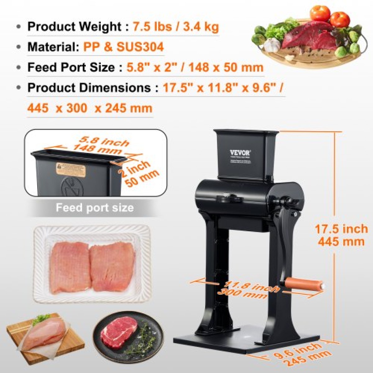 VEVOR Commercial Meat Tenderizer, Heavy Duty Inox Inox Steel Meat Tenderizer Machine, Quick and Easy Manual Operation Kitchen Tool, Θύρα τροφοδοσίας 14,7 cm για βόειο κρέας, γαλοπούλα, κοτόπουλο, χοιρινό, μπριζόλα και ψάρι