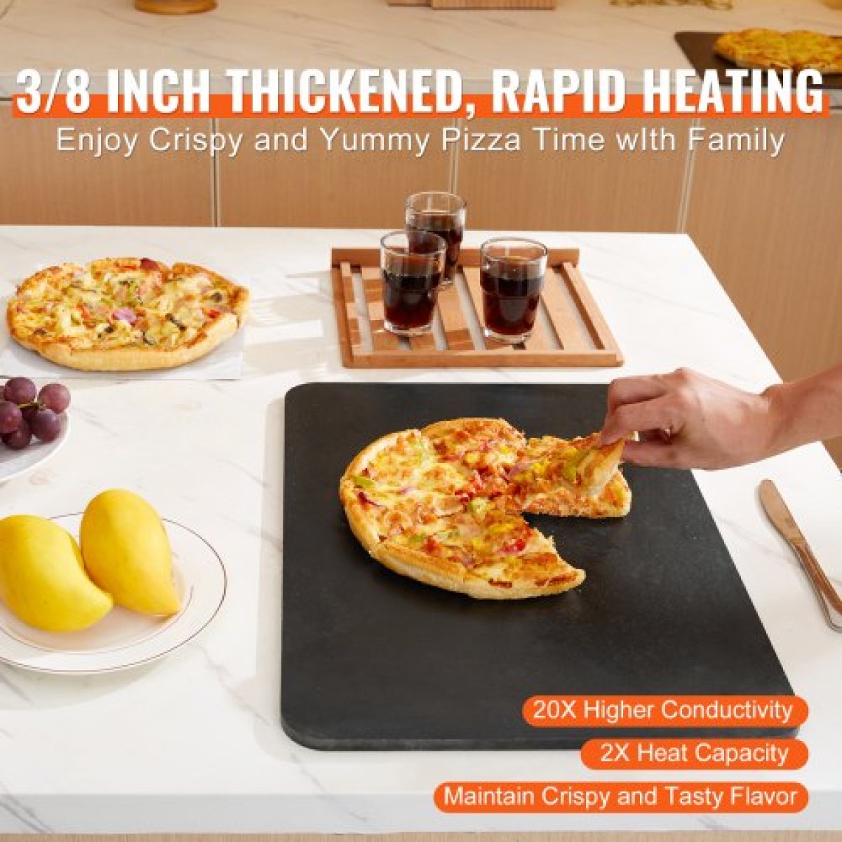 VEVOR Pizza Steel, 20" x 14" x 3/8" Ατσάλινο πιάτο πίτσας για φούρνο, πέτρα ψησίματος πίτσας από ανθρακούχο χάλυβα με 20 φορές υψηλότερη αγωγιμότητα, βαρέως τύπου τηγάνι πίτσας ανθεκτικό στη σκουριά για εξωτερική σχάρα, εσωτερικός φούρνος