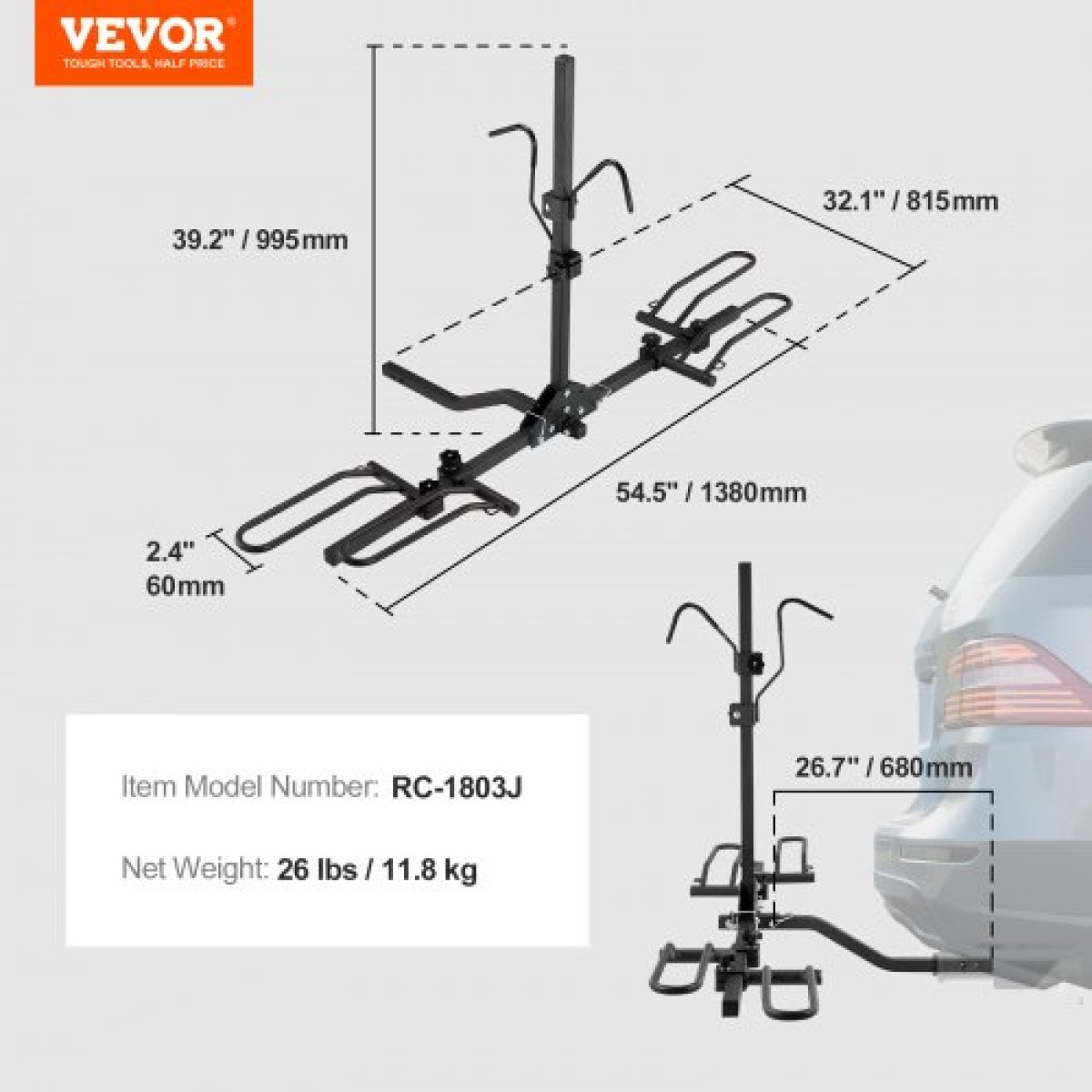 Βάση ποδηλάτου VEVOR Hitch, στυλ πλατφόρμας 2 ποδηλάτων, 80 LBS Max Capacity Rack Rack για δέκτη 1,25-/2 ιντσών, αναδιπλούμενο και αναδιπλούμενο φορέα ποδηλάτου με ελαστικά πλάτους έως 2,4" για αυτοκίνητα, SUV, φορτηγά, RV