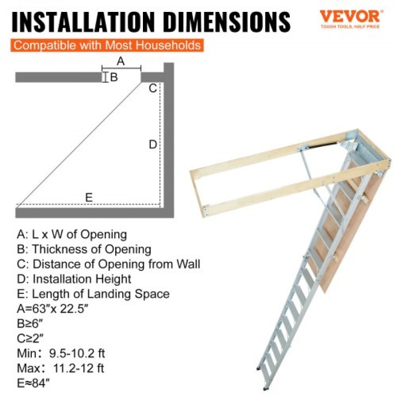 VEVOR Attic Ladder Πτυσσόμενη, χωρητικότητα 158,8 kg, 57,15 cm x 160 cm, προέκταση αλουμινίου πολλαπλών χρήσεων, ελαφριά και φορητή, ταιριάζει σε ύψη οροφής 2,9 m-3,7 m, άνετη πρόσβαση στη σοφίτα σας Standard