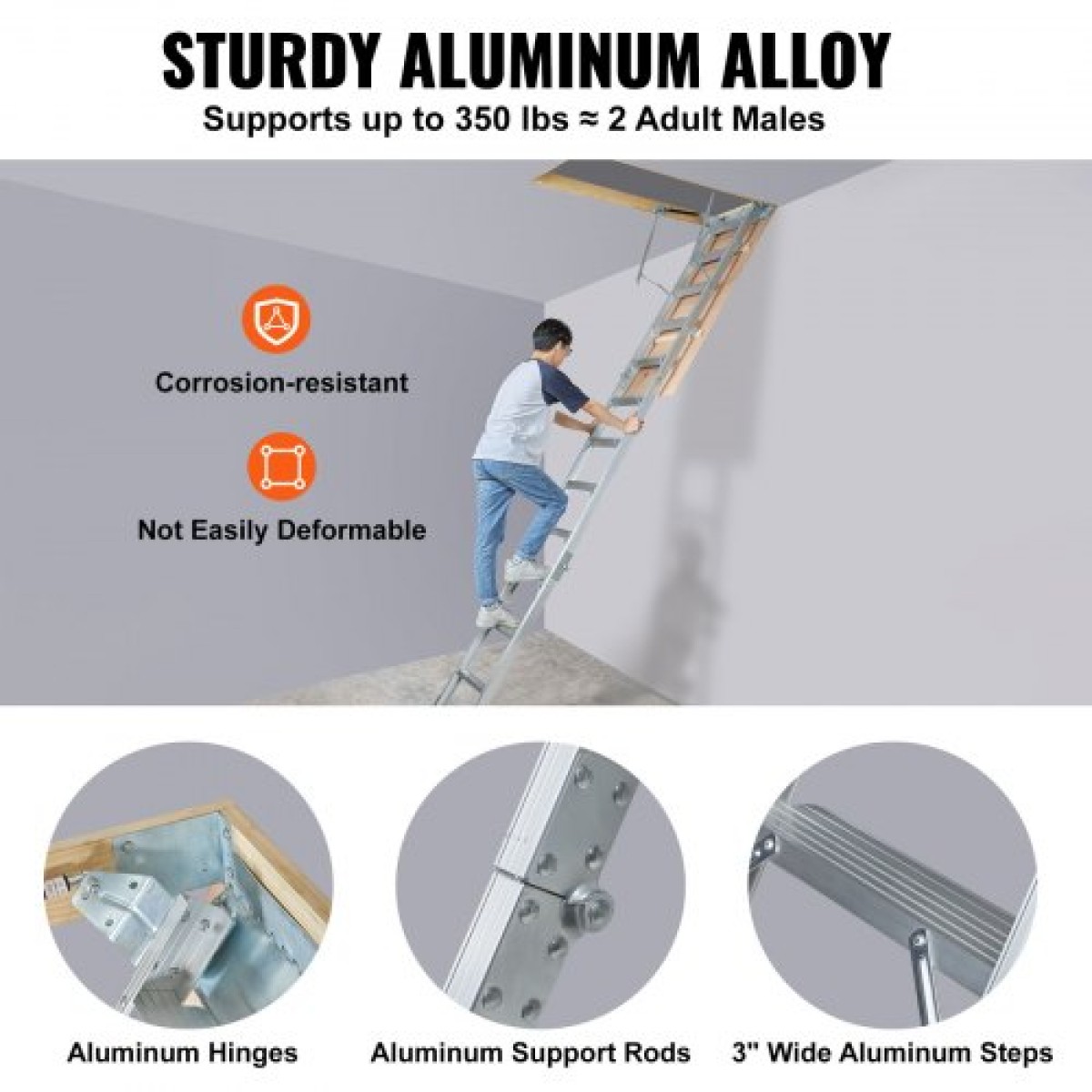 VEVOR Attic Ladder Πτυσσόμενη, χωρητικότητα 158,8 kg, 57,15 cm x 160 cm, προέκταση αλουμινίου πολλαπλών χρήσεων, ελαφριά και φορητή, ταιριάζει σε ύψη οροφής 2,9 m-3,7 m, άνετη πρόσβαση στη σοφίτα σας Standard