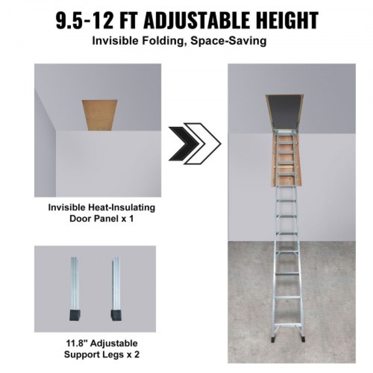 VEVOR Attic Ladder Πτυσσόμενη, χωρητικότητα 158,8 kg, 57,15 cm x 160 cm, προέκταση αλουμινίου πολλαπλών χρήσεων, ελαφριά και φορητή, ταιριάζει σε ύψη οροφής 2,9 m-3,7 m, άνετη πρόσβαση στη σοφίτα σας Standard