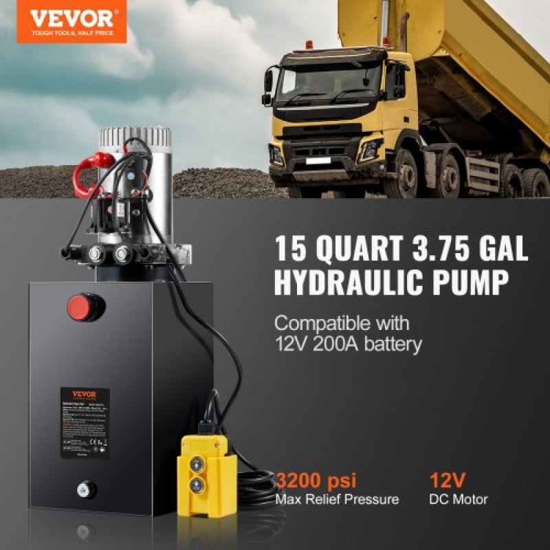 VEVOR Hydraulic Pump, 15 Quart Hydraulic Power Unit, Double Acting Dump Trailer Pump, 0,91 GPM Rate Flow, 3200 PSI Max Relief Pressure, DC 12V Hydraulic Pump for Dump Trailer Car Lifting