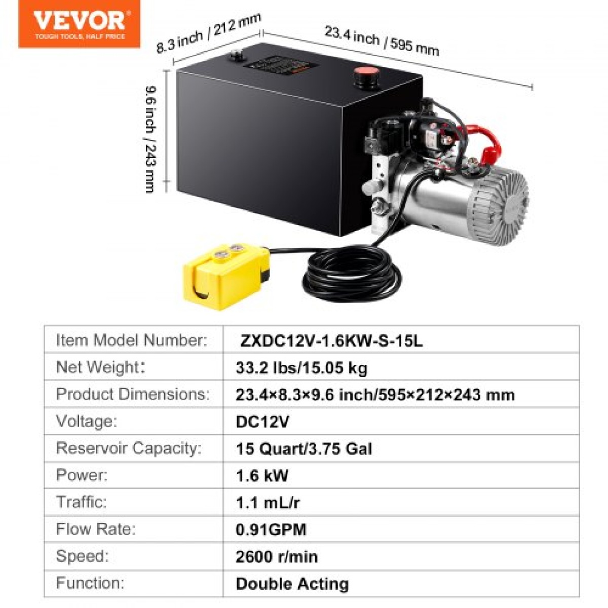 VEVOR Hydraulic Pump, 15 Quart Hydraulic Power Unit, Double Acting Dump Trailer Pump, 0,91 GPM Rate Flow, 3200 PSI Max Relief Pressure, DC 12V Hydraulic Pump for Dump Trailer Car Lifting
