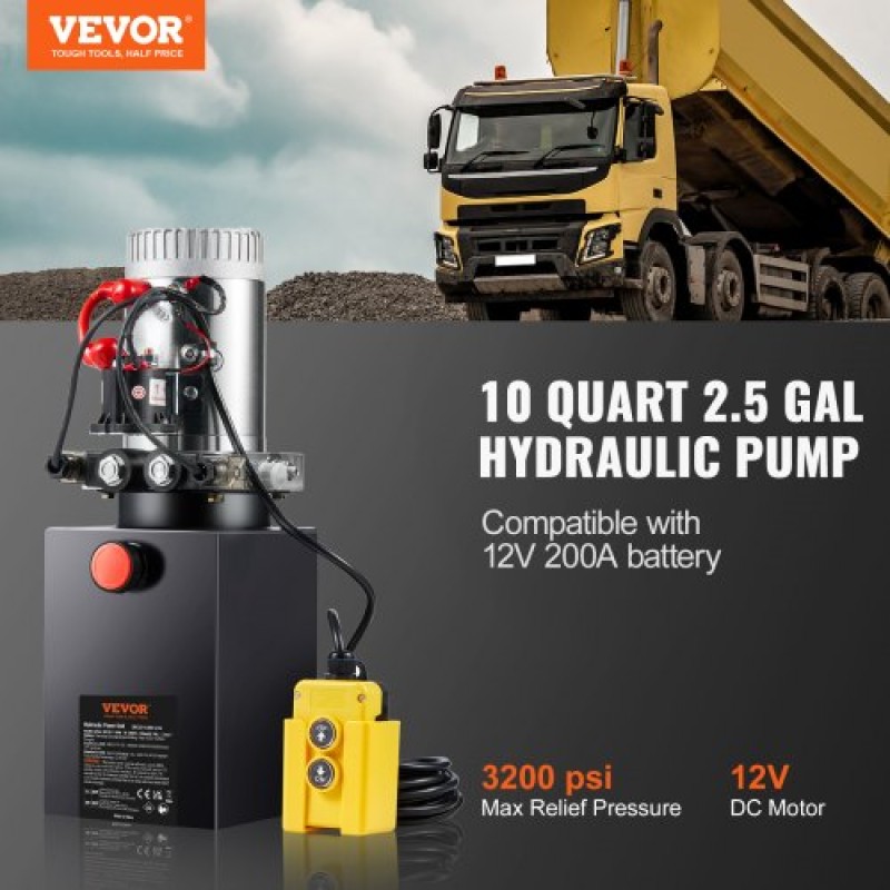 VEVOR Hydraulic Pump, 10 Quart Hydraulic Power Unit, Double Acting Dump Trailer Pump, 0,91 GPM Rate, 3200 PSI Max Relief Pressure, DC 12V Hydraulic Pump for Dump Trailer Car Lifting