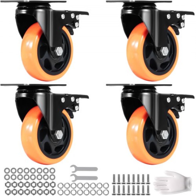 Τροχοί VEVOR Caster, 10,1 cm Περιστρεφόμενοι τροχοί πλάκας, Σετ 4, με Ασφάλεια A/B Κλείδωμα Χωρίς Θόρυβο Ζάντες PVC, Βαρέως τύπου 158,8 kg Χωρητικότητα φόρτωσης ανά τροχό, Τροχοί χωρίς σήμανση για έπιπλα καροτσιού Πάγκος εργασίας