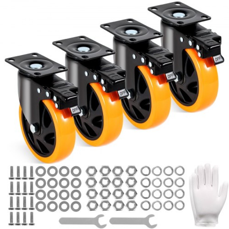 Τροχοί VEVOR Caster, 12,7 cm Περιστρεφόμενοι τροχοί πλάκας, Σετ 4, με Ασφάλεια A/B Κλείδωμα Χωρίς Θόρυβο Ζάντες PVC, Βαρέως τύπου 204,1 kg Χωρητικότητα φόρτωσης ανά τροχό, Τροχοί χωρίς σήμανση για έπιπλα καροτσιού Πάγκος εργασίας