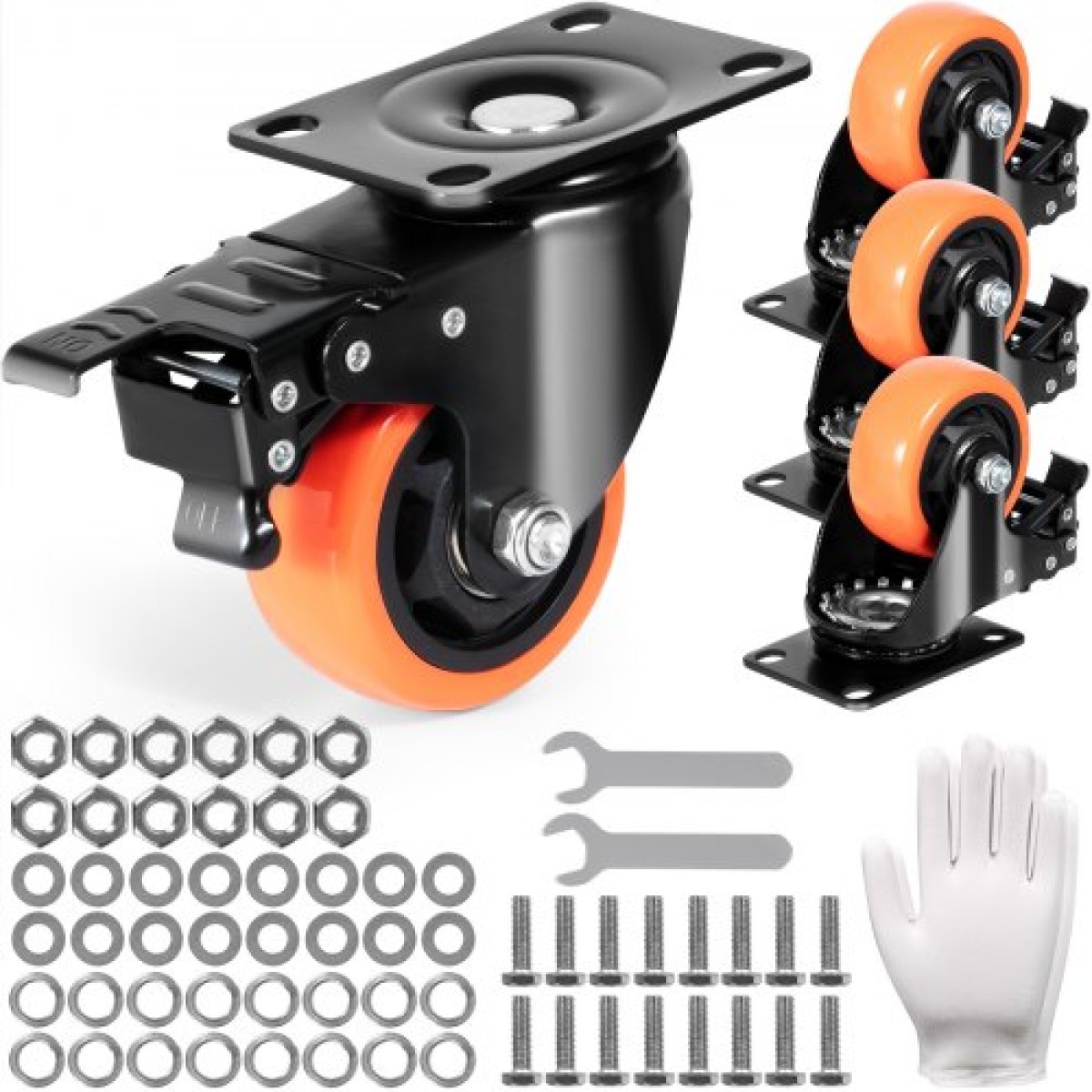 Τροχοί VEVOR Caster, 7,6 cm Περιστρεφόμενοι τροχοί πλάκας, Σετ 4, με Ασφάλεια A/B Κλείδωμα Χωρίς Θόρυβο Ρόδες PVC, Βαρέως τύπου 113,4 kg Χωρητικότητα φόρτωσης ανά τροχό, Τροχοί χωρίς σήμανση για έπιπλα καροτσιού Πάγκος εργασίας