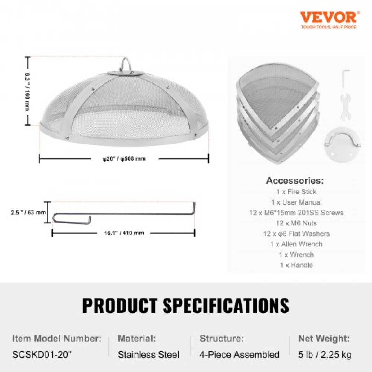 VEVOR Fire Pit Spark Screen Round 20", Ενισχυμένο μεταλλικό κάλυμμα από χάλυβα βαρέως τύπου, καπάκι εξωτερικού χώρου πυροσβεστήρων, επάνω καλύμματα οθόνης που ανοίγουν εύκολα στρογγυλά με λαβή δακτυλίου για υπαίθρια αυλή πυροσβεστήρων στην πίσω αυλή