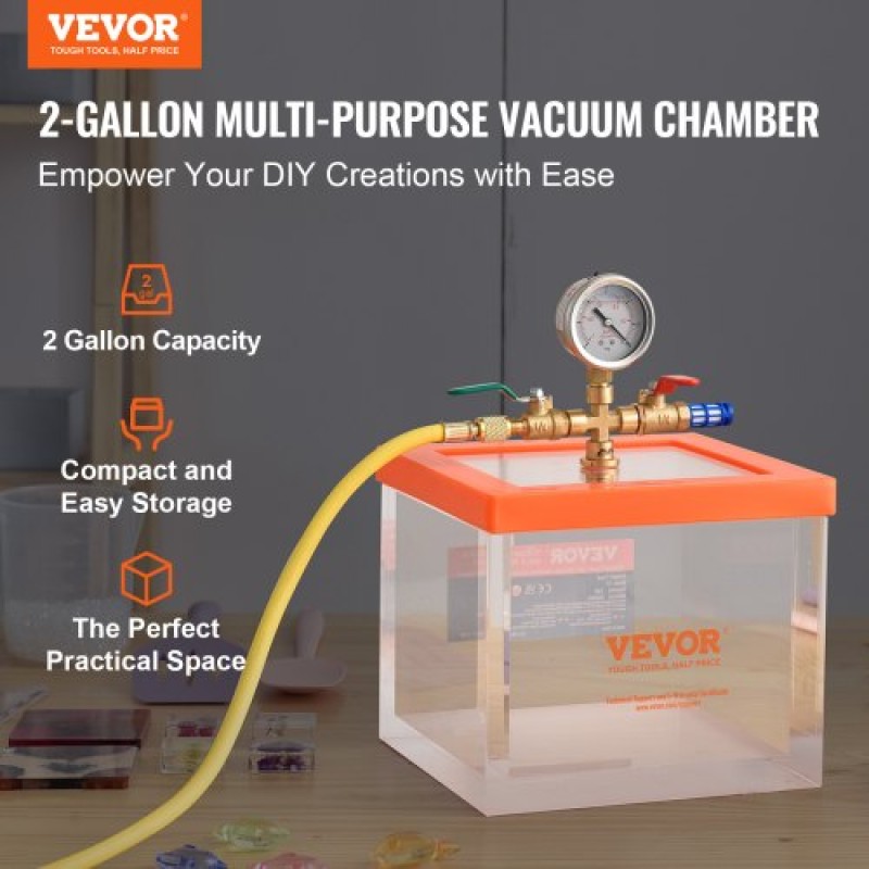Θάλαμος κενού VEVOR 7.6L, αναβαθμισμένος θάλαμος απαερίωσης κενού πολλαπλών χρήσεων ακρυλικός, διαφανής θάλαμος κενού, για απαέρωση ρητίνης, απαέρωση γέλης πυριτίου, απαέρωση γύψου και εξαγωγή κενού