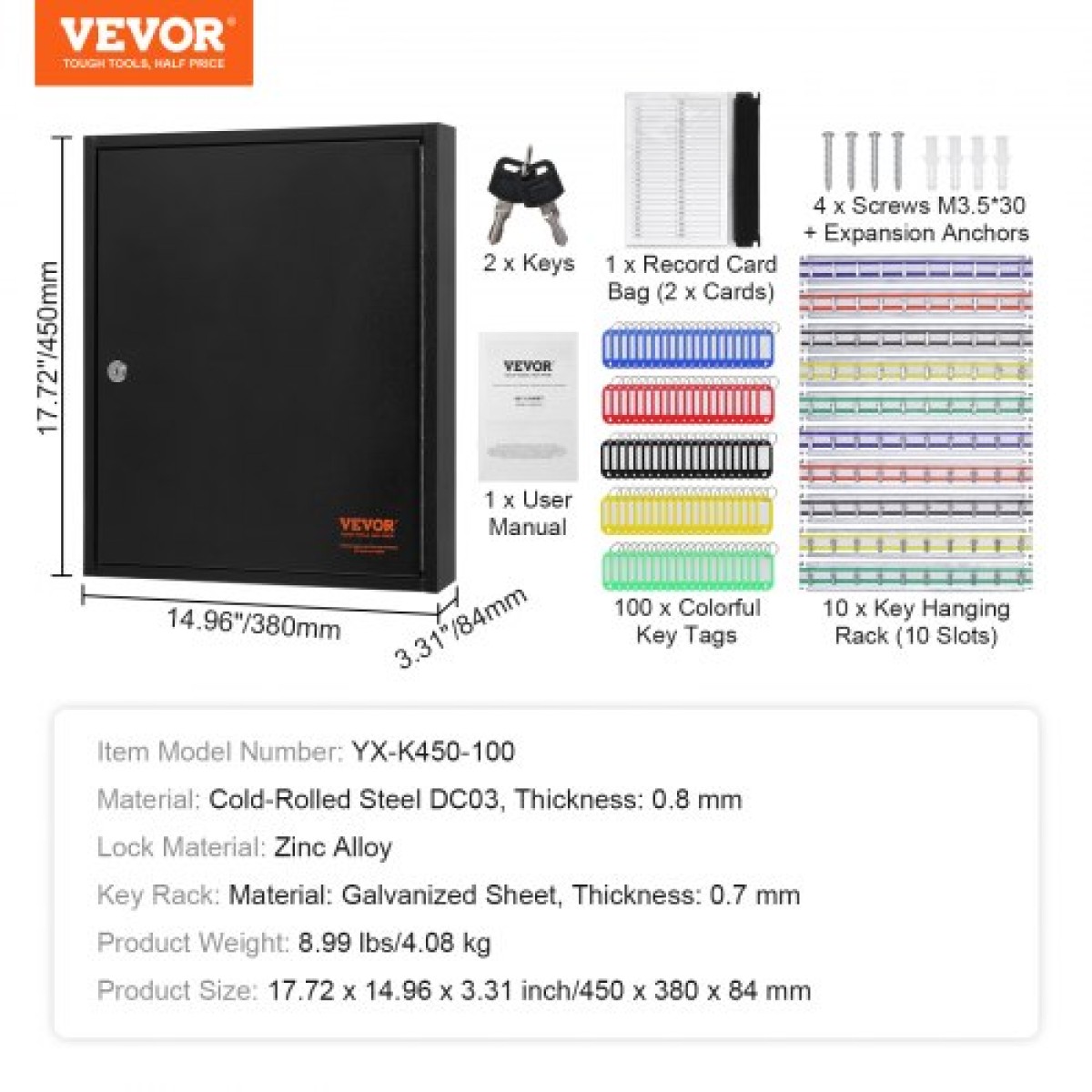 Ντουλάπι VEVOR 100 κλειδιών, Κουτί κλειδαριάς με ρυθμιζόμενα ράφια, κουτί αποθήκευσης κλειδιών ασφαλείας Ατσάλι, οργάνωση κλειδιών με 100 πολύχρωμες ετικέτες κλειδιών και 2 κάρτες εγγραφής για σχολείο, γραφείο, ξενοδοχείο