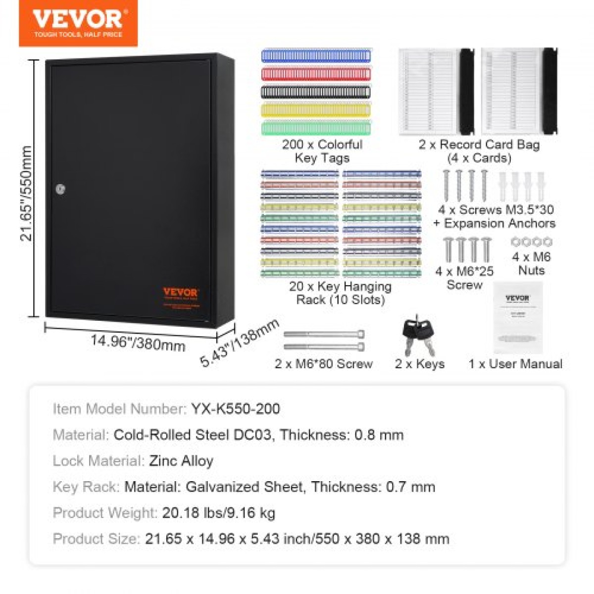 Ντουλάπι VEVOR 200 κλειδιών, Κουτί κλειδαριάς με ρυθμιζόμενα ράφια, κουτί αποθήκευσης κλειδιού ασφαλείας Ατσάλι, οργάνωση κλειδιών με 200 πολύχρωμες ετικέτες κλειδιών και 4 κάρτες εγγραφής για σχολείο, γραφείο, ξενοδοχείο