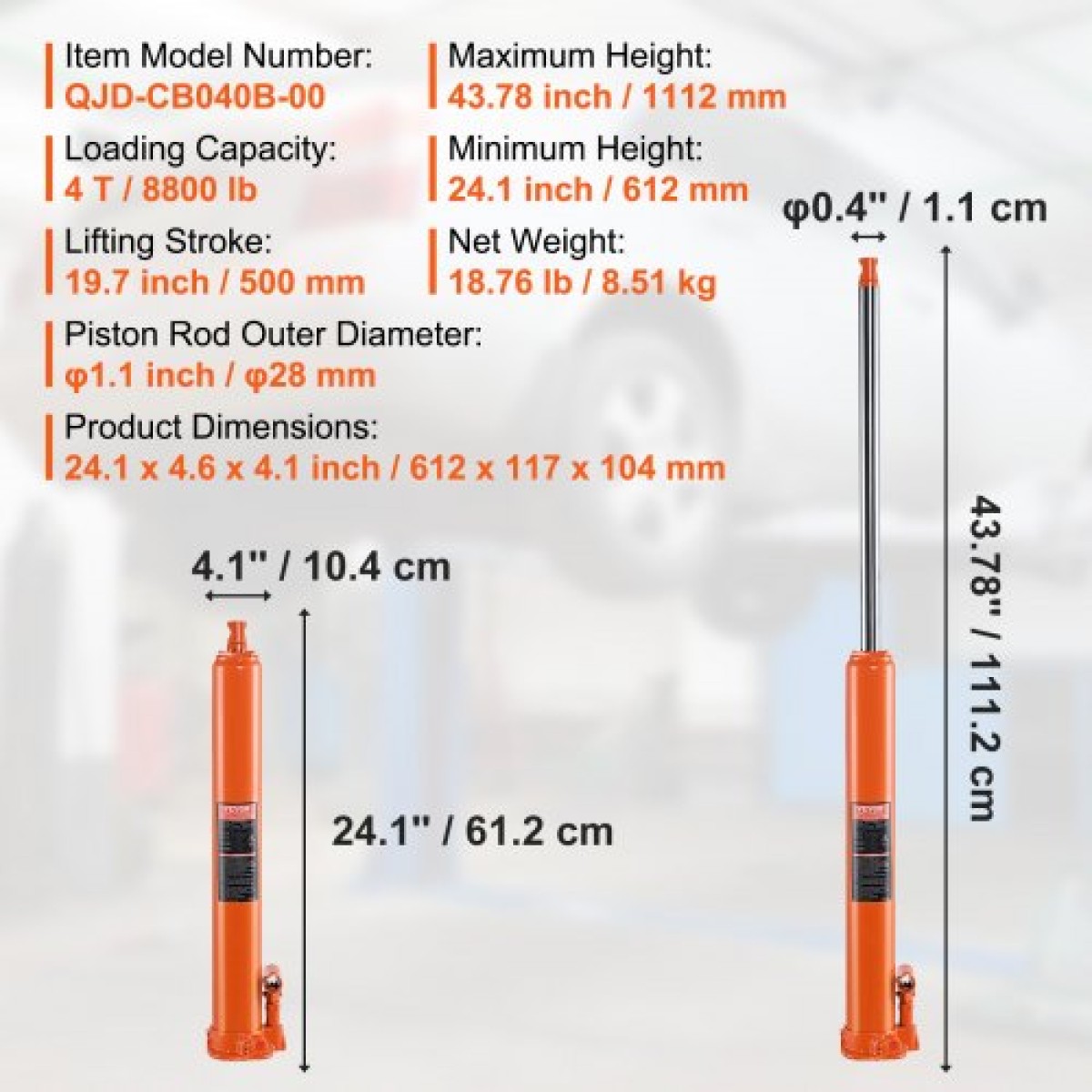 VEVOR Hydraulic Long Ram Jack, κύλινδρος ανύψωσης κινητήρα 4 τόνων με μονοέμβολη αντλία και επίπεδη βάση, υδραυλικός κύλινδρος εμβόλου για ανυψωτικά μηχανών ανύψωσης, υδραυλικοί γερανοί γκαράζ/καταστημάτων, μηχανικοί, αγροκτήματος