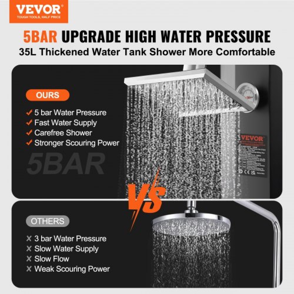 VEVOR Outdoor Solar Heated Shower, 35L Poolside Shower Kit with Shower Head and Foot Shower Tap, Double Buckle Fast Assembly W/ Pre-Drilled Holes for Outdoor Backyard Poolside Beach Spa