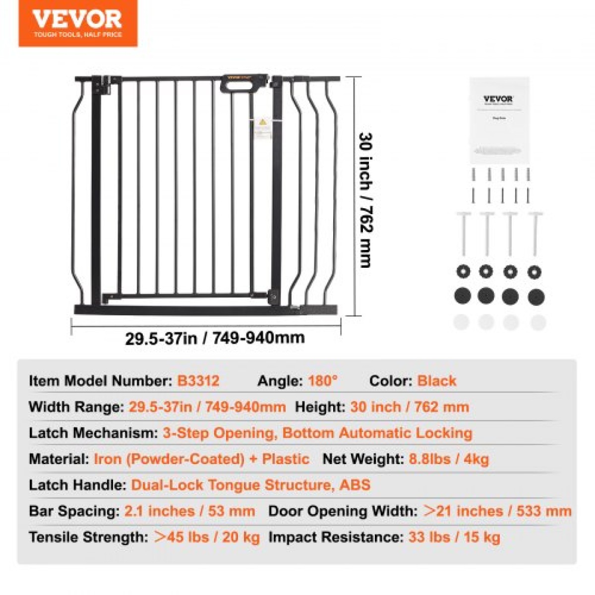 VEVOR Baby Gate, 29,5"-37" Extra Wide, 30" High, Dog Gate για τις σκάλες Πόρτες και το σπίτι, Easy Step Walk Thru Auto Close Child Gate Πόρτα ασφαλείας για κατοικίδια με κιτ τοποθέτησης πίεσης και κιτ τοποθέτησης στον τοίχο, μαύρο