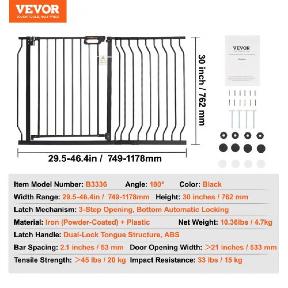 VEVOR Baby Gate, 74,9 cm-122,9 cm Extra Wide, 76,2 cm High, Dog Gate για τις πόρτες και το σπίτι σκάλες, Easy Step Walk Thru Auto Close Child Gate Πόρτα ασφαλείας για κατοικίδια με κιτ τοποθέτησης πίεσης και κιτ τοποθέτησης στον τοίχο, μαύρο