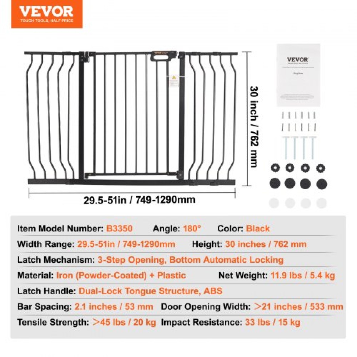 VEVOR Baby Gate, 29,5"-51" Extra Wide, 30" High, Dog Gate για σκάλες Πόρτες και σπίτι, Easy Step Walk Thru Auto Close Child Gate Πύλη ασφαλείας για κατοικίδια με κιτ τοποθέτησης πίεσης και κιτ τοποθέτησης στον τοίχο, μαύρο