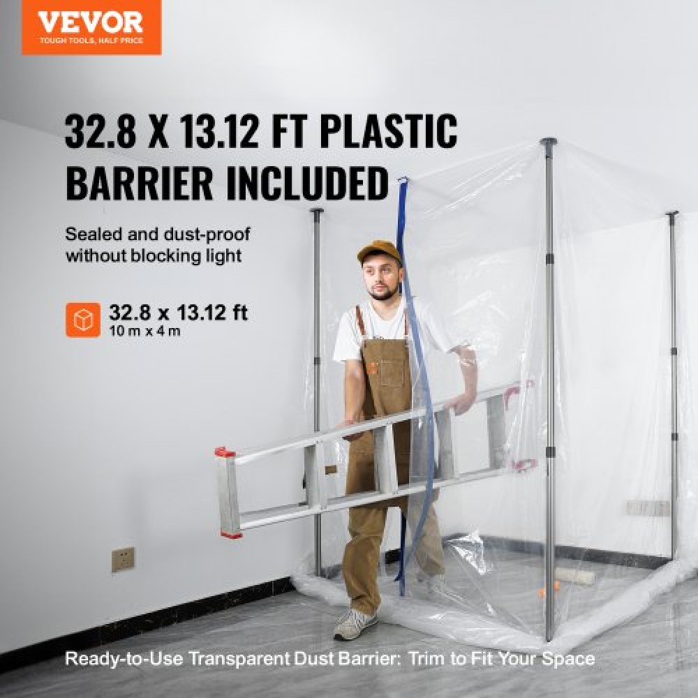 Στύλοι φραγής σκόνης VEVOR, 304,8 cm Barrier Poles, Dust Barrier System με 4 τηλεσκοπικούς πόλους, μαγνητικό φερμουάρ, τσάντα μεταφοράς και πλαστική μεμβράνη 999,7x399,9 cm, για εσωτερική διακόσμηση, ζωγραφική