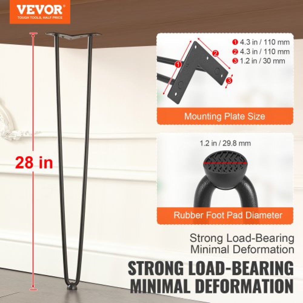 Πόδια επίπλων φουρκέτας VEVOR 711.2MM, Μεταλλικά DIY έργα για κομοδίνο, τραπεζάκι σαλονιού, γραφείο, χωρητικότητα 226,8 KG με προστατευτικά δαπέδου από καουτσούκ, μεταλλικά ανθεκτικά μοντέρνα πόδια τραπεζιού βαρέως τύπου, 4 ΤΕΜ.