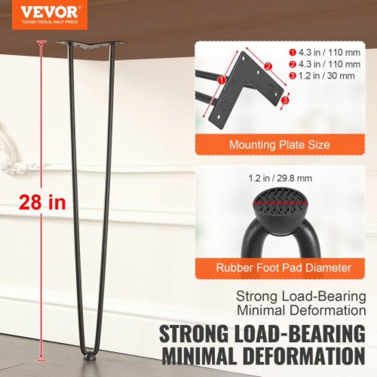Πόδια επίπλων φουρκέτας VEVOR 711.2MM, Μεταλλικά DIY έργα για κομοδίνο, τραπεζάκι σαλονιού, γραφείο, χωρητικότητα 226,8 KG με προστατευτικά δαπέδου από καουτσούκ, μεταλλικά ανθεκτικά μοντέρνα πόδια τραπεζιού βαρέως τύπου, 4 ΤΕΜ.