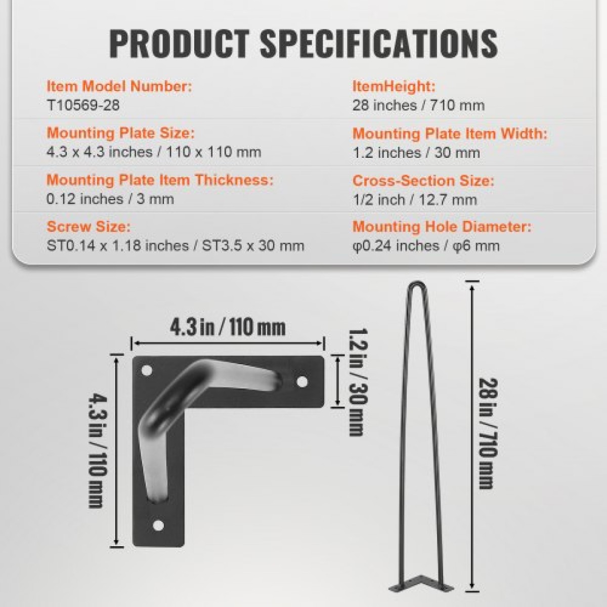 Πόδια επίπλων φουρκέτας VEVOR 711.2MM, Μεταλλικά DIY έργα για κομοδίνο, τραπεζάκι σαλονιού, γραφείο, χωρητικότητα 226,8 KG με προστατευτικά δαπέδου από καουτσούκ, μεταλλικά ανθεκτικά μοντέρνα πόδια τραπεζιού βαρέως τύπου, 4 ΤΕΜ.