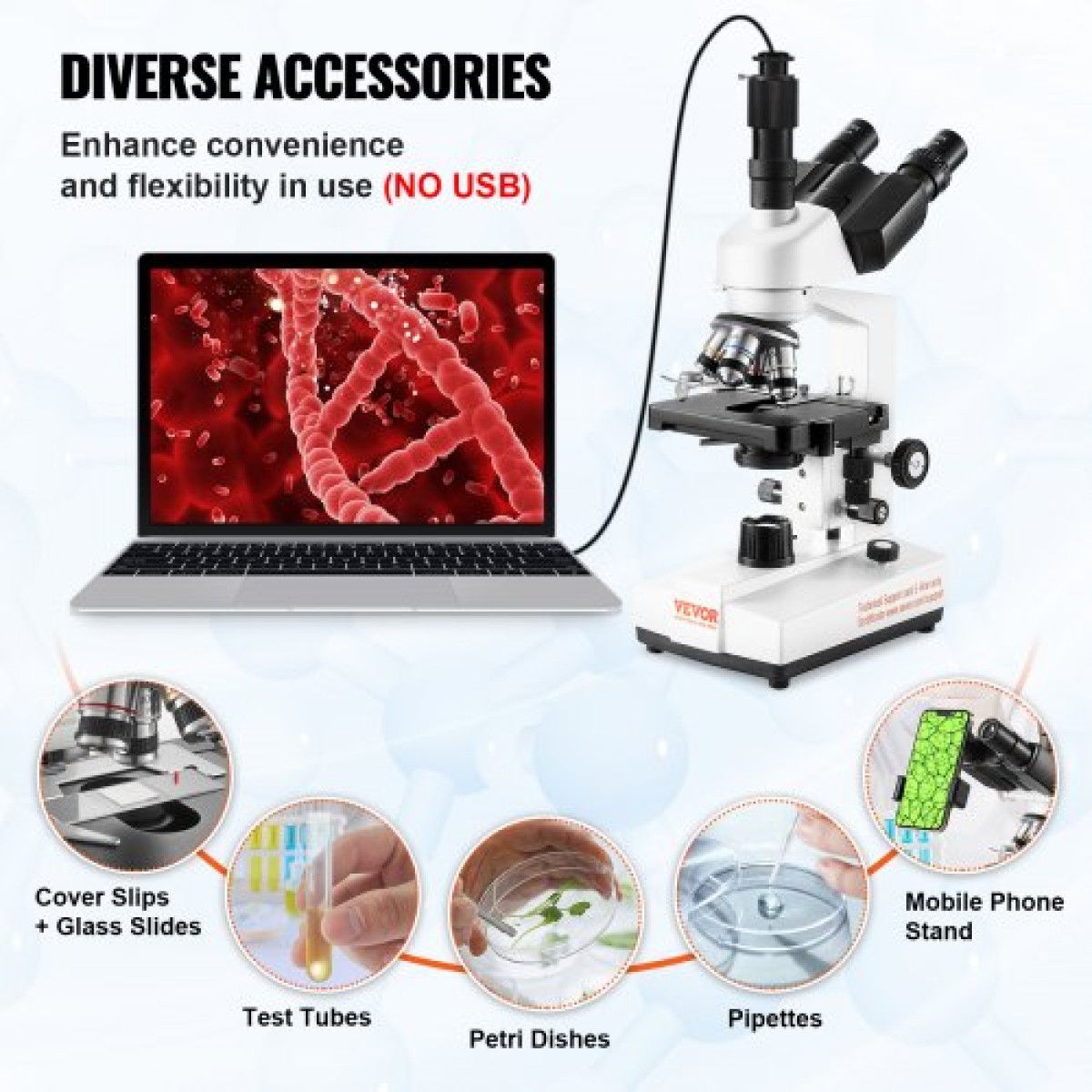 VEVOR Compound Trinocular Microscope 40X-2500 Magnification Lab Microscope with LED Illumination & External Interface