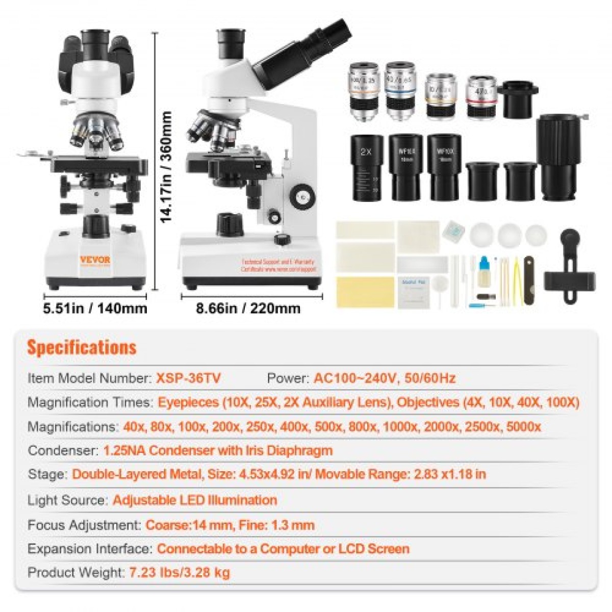 VEVOR Compound Trinocular Microscope 40X-2500 Magnification Lab Microscope with LED Illumination & External Interface