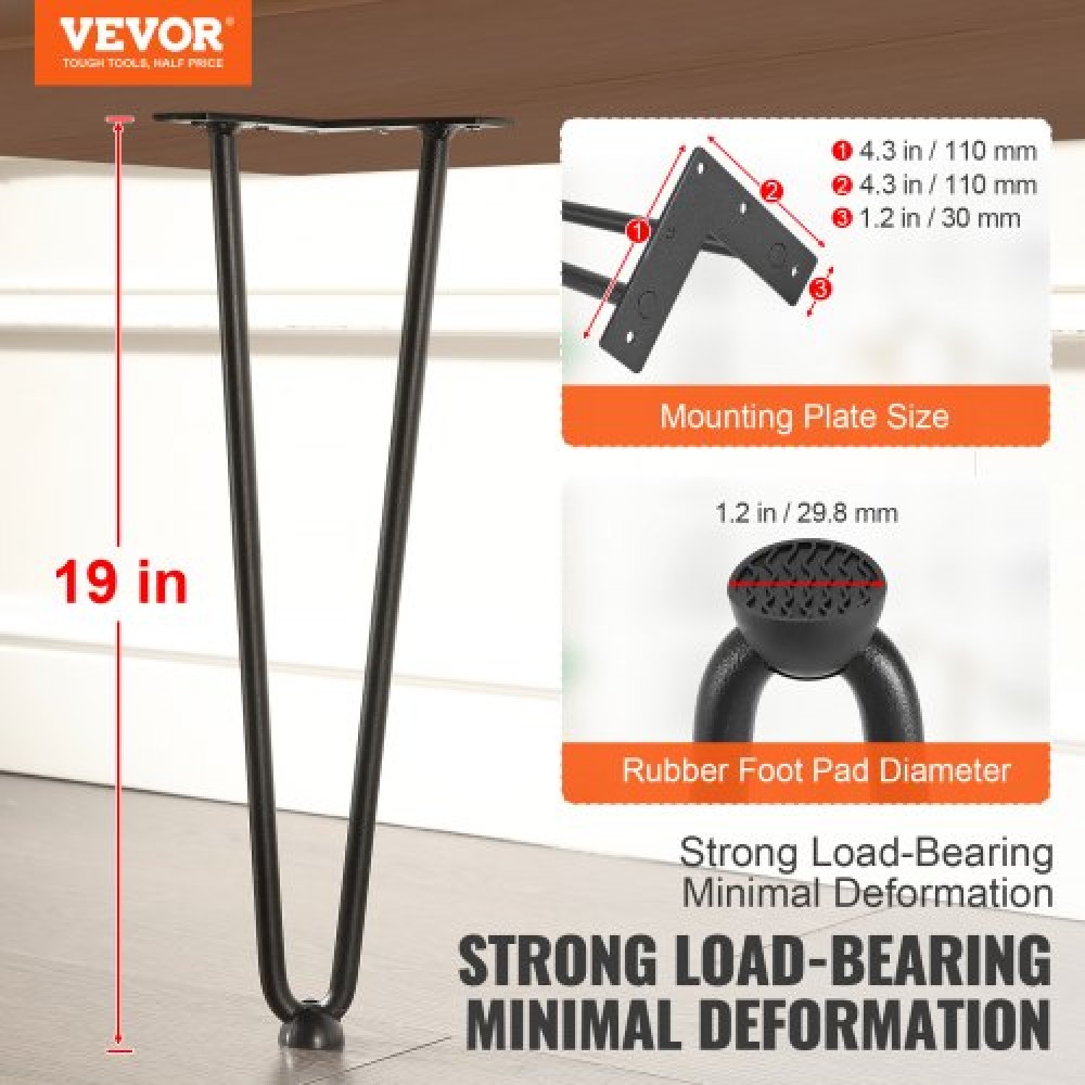 Πόδια επίπλων φουρκέτας VEVOR 482,6MM, Μεταλλικά DIY έργα για κομοδίνο, τραπεζάκι σαλονιού, γραφείο, 226,8KG χωρητικότητα φόρτωσης με προστατευτικά δαπέδου από καουτσούκ, μεταλλικά ανθεκτικά μοντέρνα πόδια τραπεζιού βαρέως τύπου, 4 ΤΕΜ.