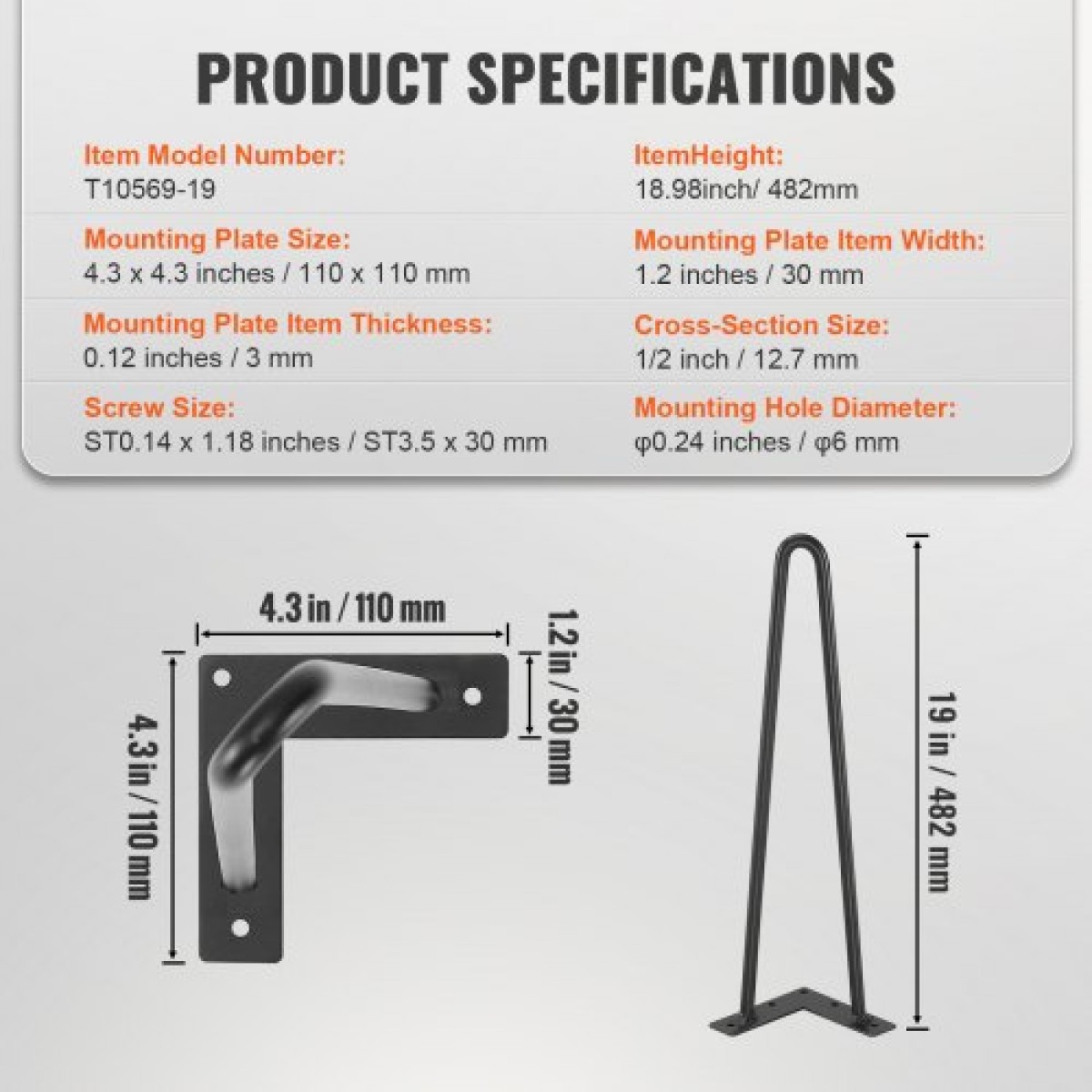 Πόδια επίπλων φουρκέτας VEVOR 482,6MM, Μεταλλικά DIY έργα για κομοδίνο, τραπεζάκι σαλονιού, γραφείο, 226,8KG χωρητικότητα φόρτωσης με προστατευτικά δαπέδου από καουτσούκ, μεταλλικά ανθεκτικά μοντέρνα πόδια τραπεζιού βαρέως τύπου, 4 ΤΕΜ.