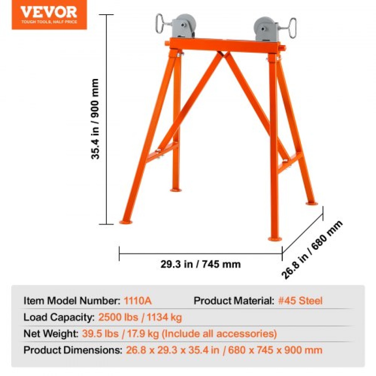 Βάση σωλήνων VEVOR με κεφαλή κυλίνδρου 1134 kg Φορτίο για 5,1-91,4 cm Σωλήνες 45# Steel