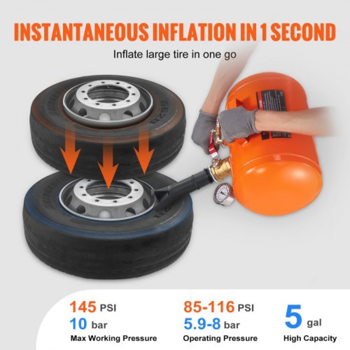 VEVOR Tire Bead Seater, 5 Gal/19L Air Tire Bead Blaster με μανόμετρο & λαβή, 145 PSI Seating Tool Inflator Tank, 85-116 PSI Operating Pressure for Car Truck ATV