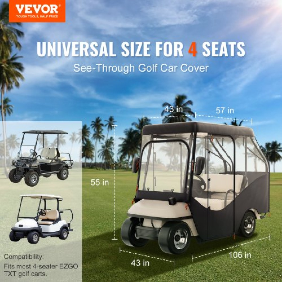 Περίβλημα VEVOR Golf Cart, 600D Polyester Driving Consure με διαφανή παράθυρα 4 όψεων, 4 καλύμματα Passenger Club Car Cars για 2+2 Passenger Cart Golf, αντηλιακό και ανθεκτικό στη σκόνη κάλυμμα εξωτερικού καροτσιού