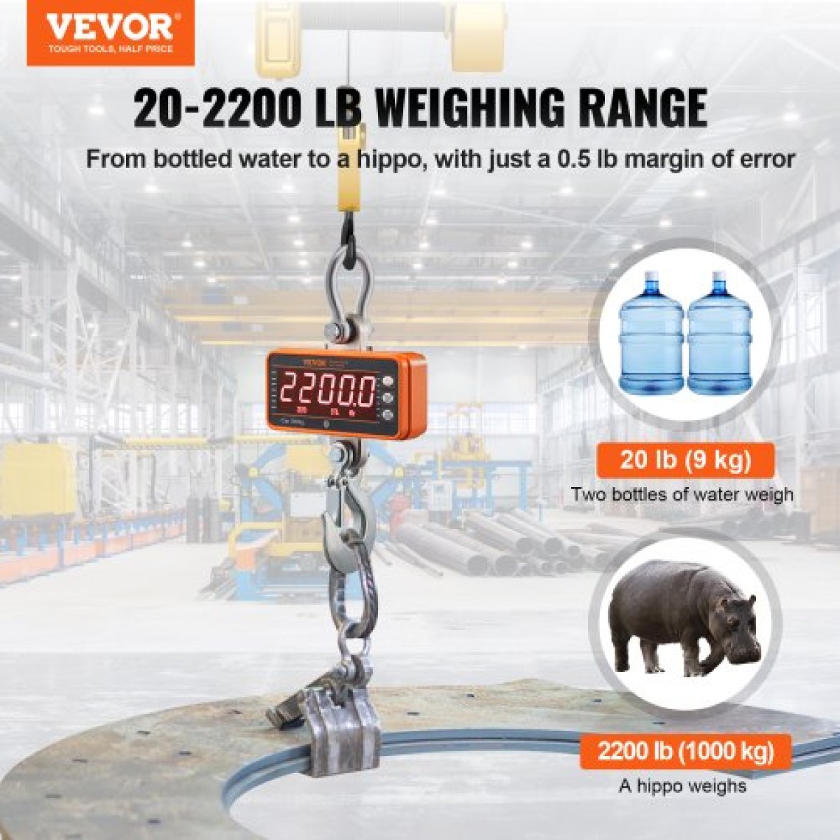 Ψηφιακή ζυγαριά γερανού VEVOR, 2200 lbs/1000 kg, βιομηχανική κρεμαστή ζυγαριά βαρέως τύπου με τηλεχειριστήριο, θήκη από χυτό αλουμίνιο & οθόνη LED, υψηλή ακρίβεια για κατασκευή, εργοστάσιο, αγρόκτημα, κυνήγι (πορτοκαλί)