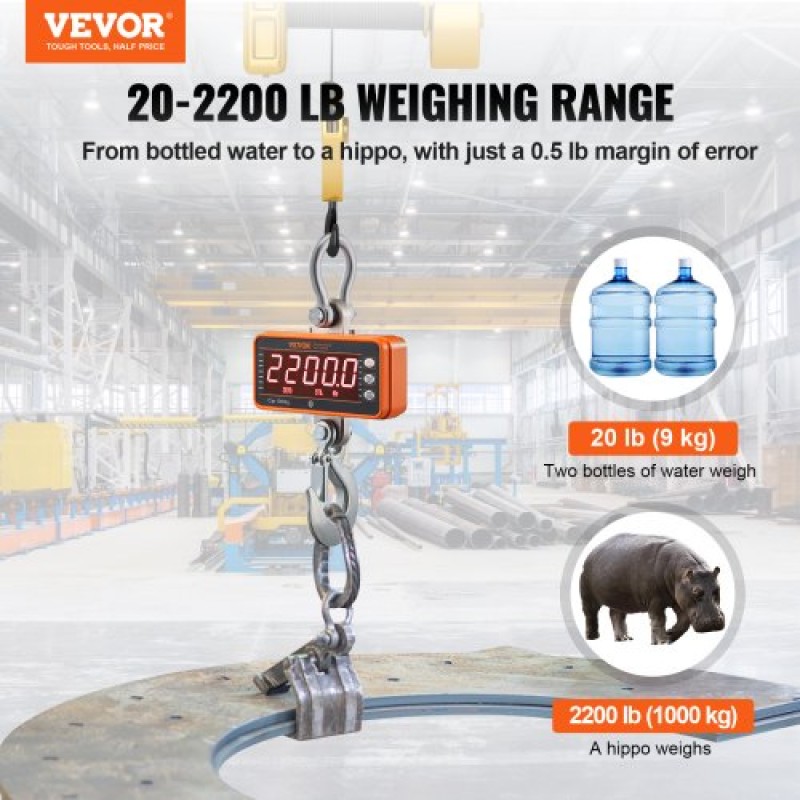 Ψηφιακή ζυγαριά γερανού VEVOR, 2200 lbs/1000 kg, βιομηχανική κρεμαστή ζυγαριά βαρέως τύπου με τηλεχειριστήριο, θήκη από χυτό αλουμίνιο & οθόνη LED, υψηλή ακρίβεια για κατασκευή, εργοστάσιο, αγρόκτημα, κυνήγι (πορτοκαλί)