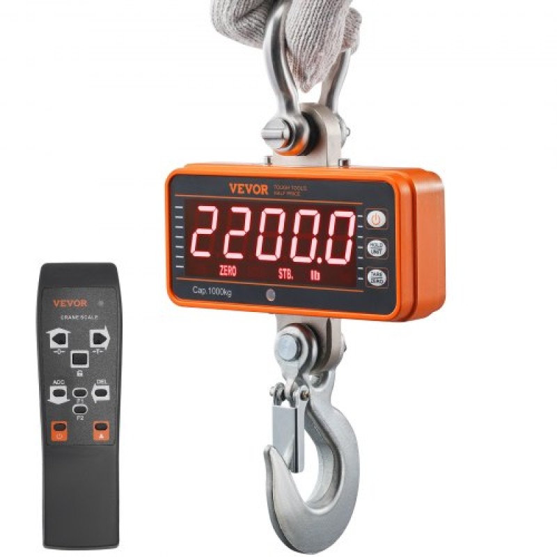 Ψηφιακή ζυγαριά γερανού VEVOR, 2200 lbs/1000 kg, βιομηχανική κρεμαστή ζυγαριά βαρέως τύπου με τηλεχειριστήριο, θήκη από χυτό αλουμίνιο & οθόνη LED, υψηλή ακρίβεια για κατασκευή, εργοστάσιο, αγρόκτημα, κυνήγι (πορτοκαλί)