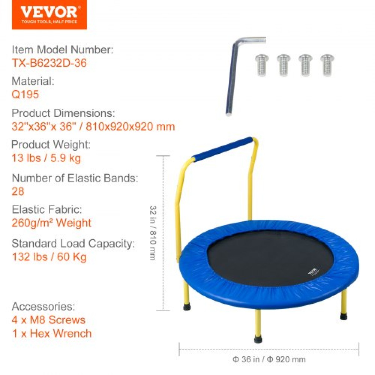 VEVOR 91,4 cm Τραμπολίνο για παιδιά, 91,4 cm Τραμπολίνα Εσωτερικού/Εξωτερικού Τραμπολίνο για νήπια, Πτυσσόμενο Μίνι Βρεφικό Τραμπολίνο με Αφρώδες Λαβή, Ψυχαγωγικό Τραμπολίνο Δώρο Γενεθλίων για παιδιά 3+ ετών