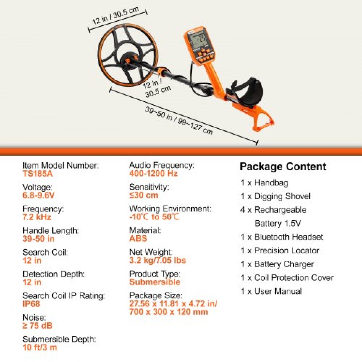 Αδιάβροχος ανιχνευτής μετάλλων VEVOR, πηνίο 30,5 cm, Επαγγελματικός επαναφορτιζόμενος ανιχνευτής χρυσού, 99-127 cm ρυθμιζόμενος με LCD 7 Modes Advanced DSP Chip Bluetooth Headset, IP68 for Detecting Gold Treasure Hunting
