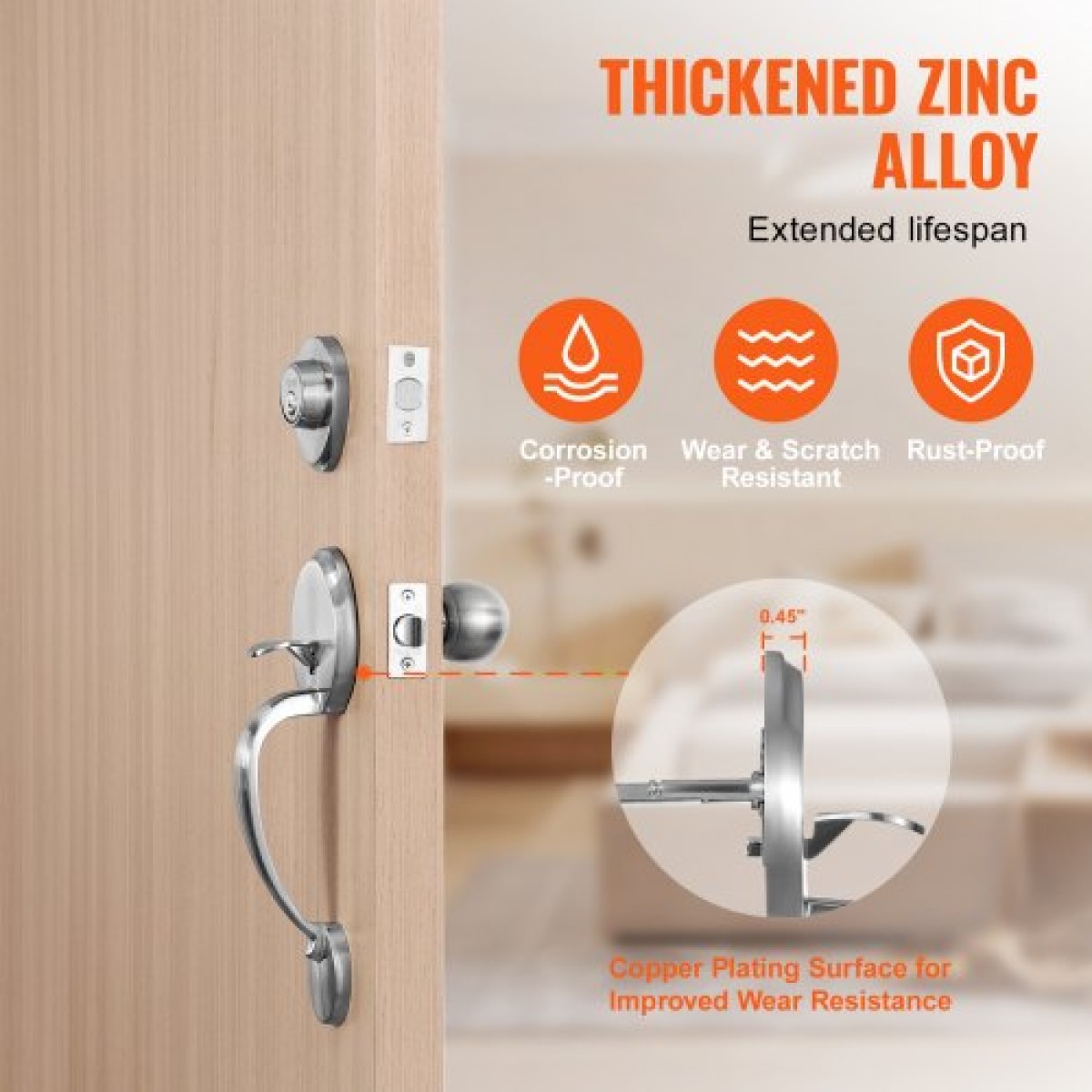 Σετ χειρολαβής και Deadbolt μπροστινής πόρτας VEVOR, Σετ κλειδαριάς μπροστινής πόρτας από σατινέ νικέλιο με εσωτερικό πόμολο, ρυθμιζόμενη απόσταση οπών μονοκύλινδρο χειρολαβή, για δεξιά και αριστερά είσοδο και μπροστινή πόρτα