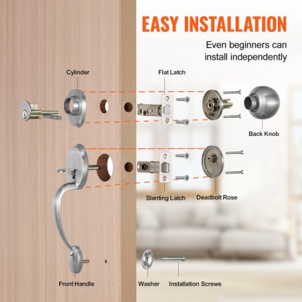 Σετ χειρολαβής και Deadbolt μπροστινής πόρτας VEVOR, Σετ κλειδαριάς μπροστινής πόρτας από σατινέ νικέλιο με εσωτερικό πόμολο, ρυθμιζόμενη απόσταση οπών μονοκύλινδρο χειρολαβή, για δεξιά και αριστερά είσοδο και μπροστινή πόρτα