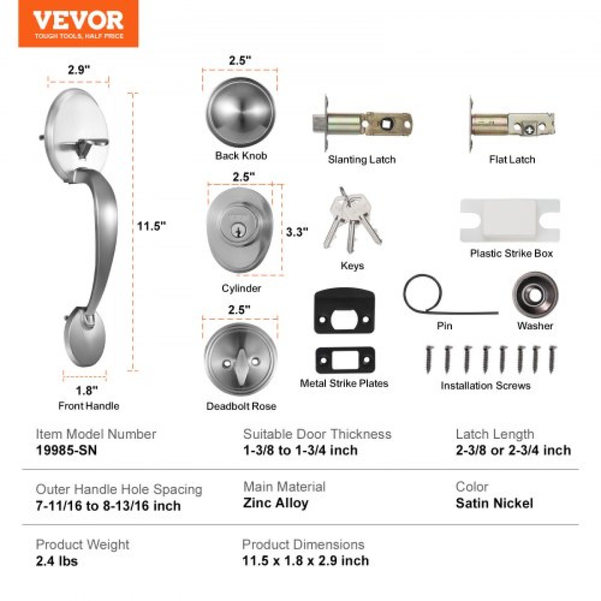 Σετ χειρολαβής και Deadbolt μπροστινής πόρτας VEVOR, Σετ κλειδαριάς μπροστινής πόρτας από σατινέ νικέλιο με εσωτερικό πόμολο, ρυθμιζόμενη απόσταση οπών μονοκύλινδρο χειρολαβή, για δεξιά και αριστερά είσοδο και μπροστινή πόρτα