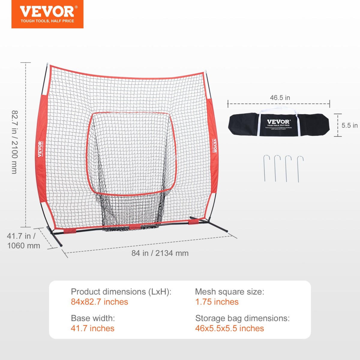 VEVOR 213,4 x 213,4 cm Baseball Softball Practice Net, Φορητό δίχτυ προπόνησης Baseball for Hitting Batting Catching Pitching, Backstop Baseball Equipment Training Aid with Carry Bag and Strike Zone