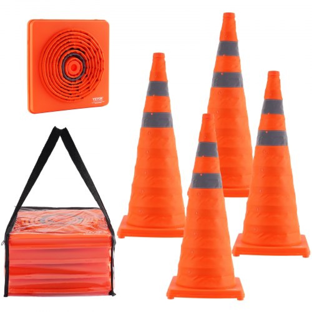 VEVOR Safety Cones, 4 Pack 28 inch Collapsible Traffic Cones, Construction Cones with Reflective Collars, Wide Base and A Storage Bag, for Traffic Control, Driving Training, Parking Lots