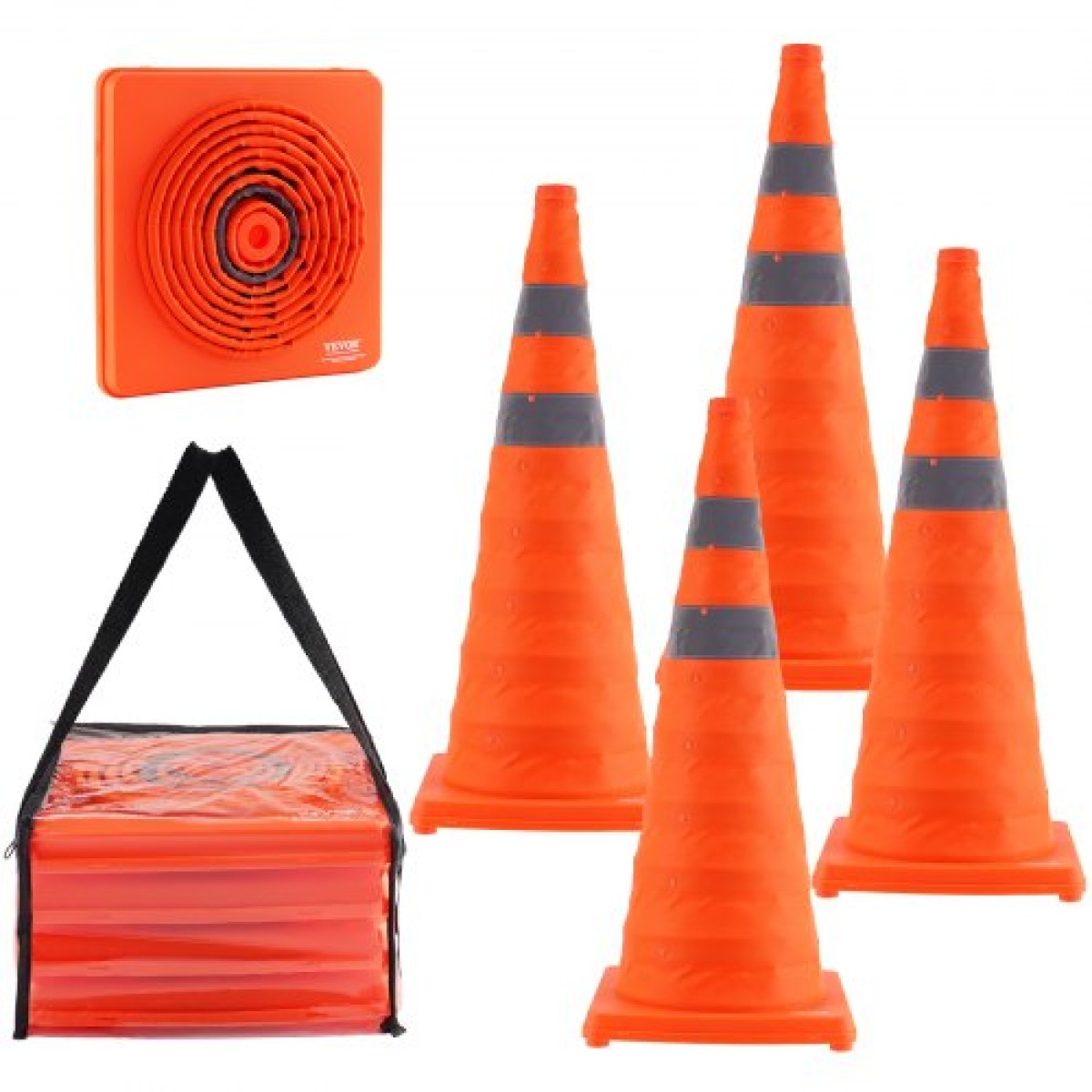 Κώνοι ασφαλείας VEVOR, 4 Pack 28 ιντσών πτυσσόμενοι κώνοι κυκλοφορίας, δομικοί κώνοι με αντανακλαστικά περιλαίμια, φαρδιά βάση και τσάντα αποθήκευσης, για έλεγχο κυκλοφορίας, εκπαίδευση οδήγησης, χώροι στάθμευσης